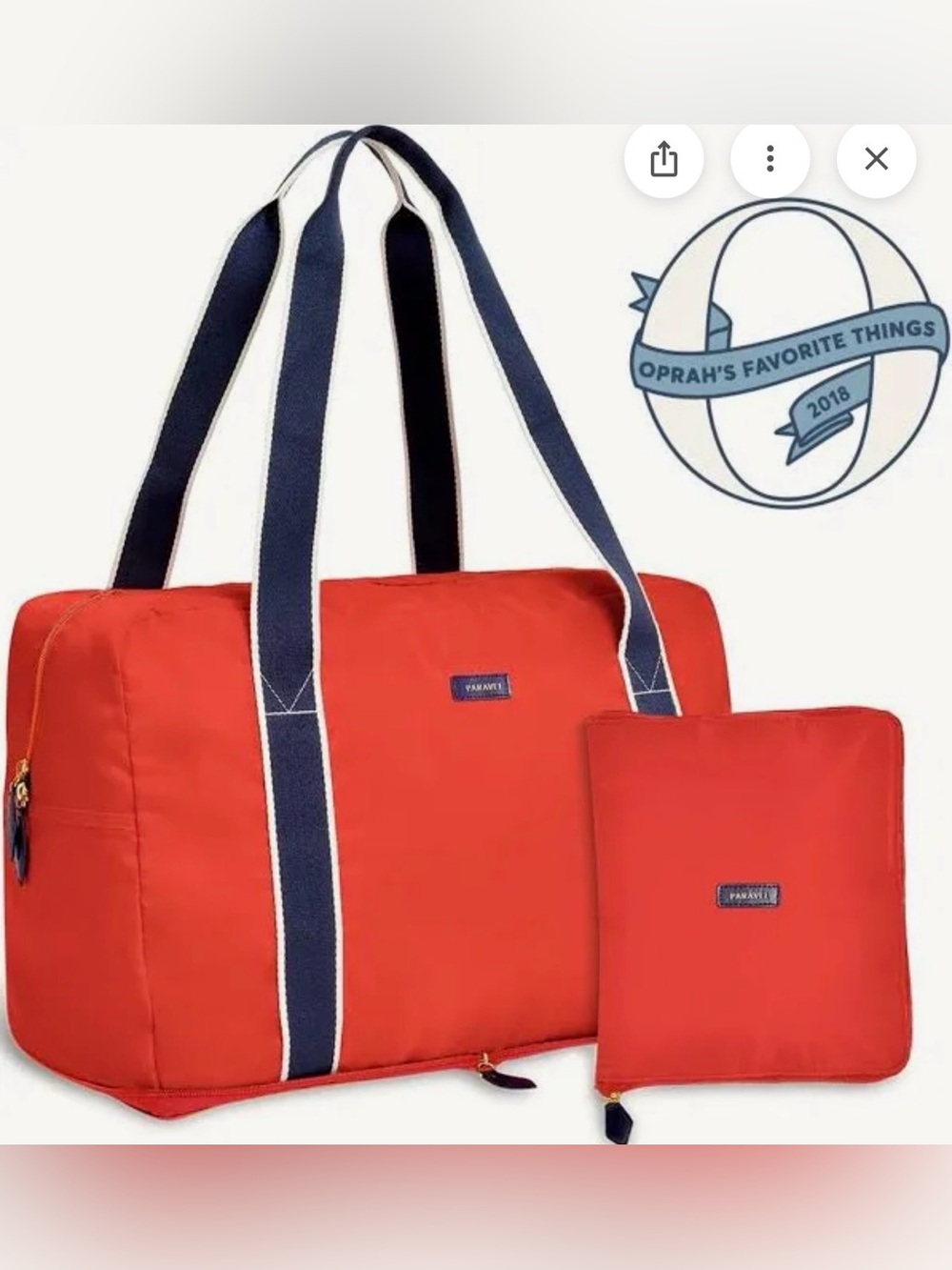 Paravel Red Weekend Tote with Navy Straps Collapsible Packable Fold Up Duffel